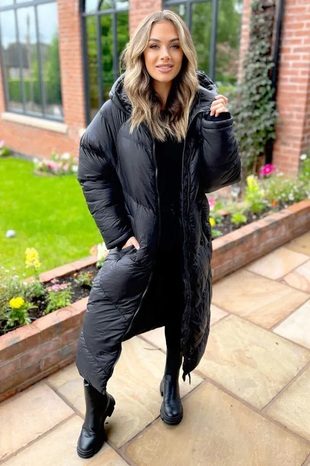 AX Paris Coats 038 Jackets Black Hooded Long Puffer Coat