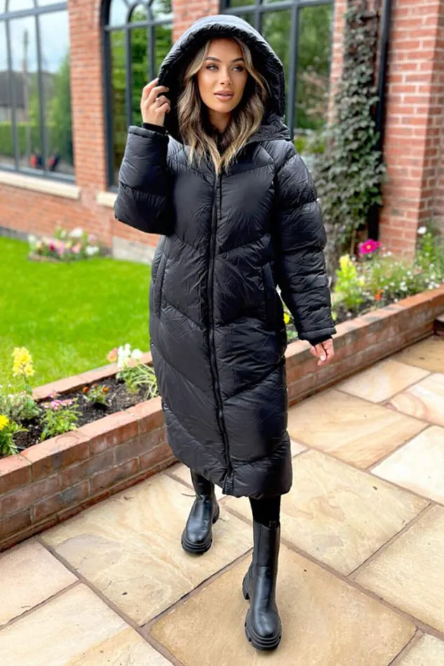 AX Paris Coats 038 Jackets Black Hooded Long Puffer Coat