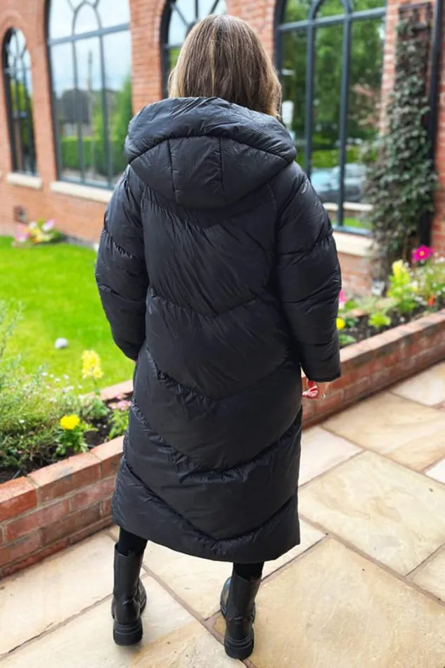AX Paris Coats 038 Jackets Black Hooded Long Puffer Coat