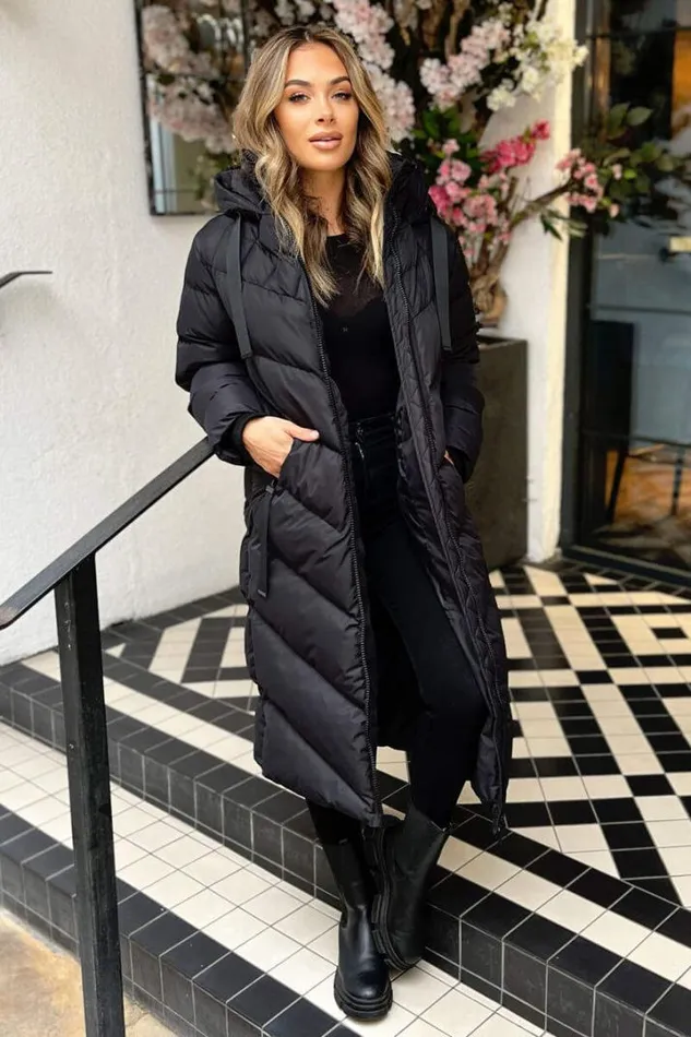 AX Paris Coats 038 Jackets Black Hooded Puffer Coat With Zip Front Pockets