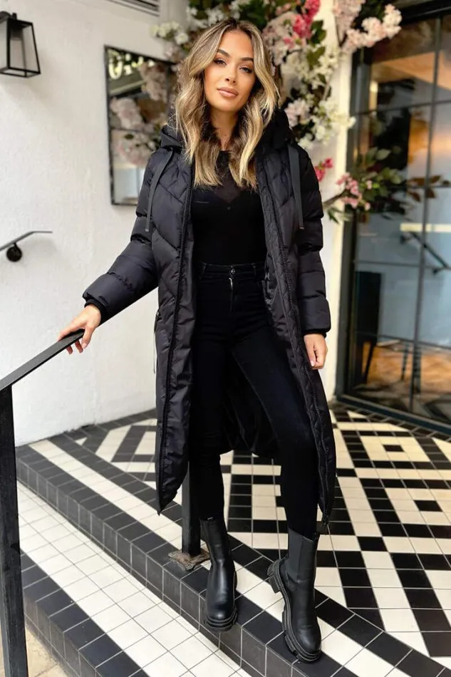 AX Paris Coats 038 Jackets Black Hooded Puffer Coat With Zip Front Pockets