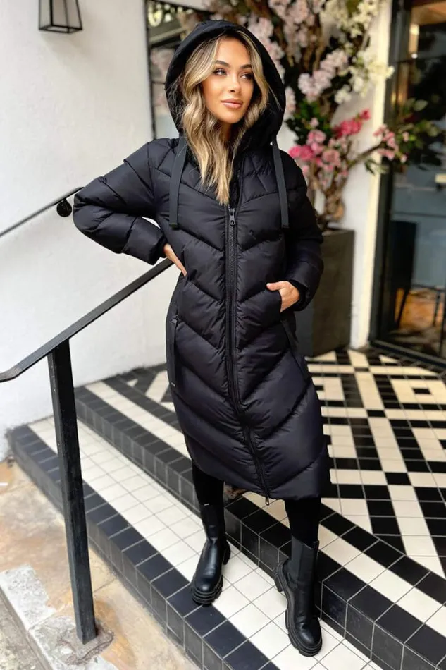 AX Paris Coats 038 Jackets Black Hooded Puffer Coat With Zip Front Pockets