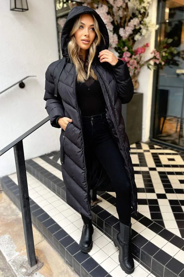 AX Paris Coats 038 Jackets Black Hooded Puffer Coat With Zip Front Pockets