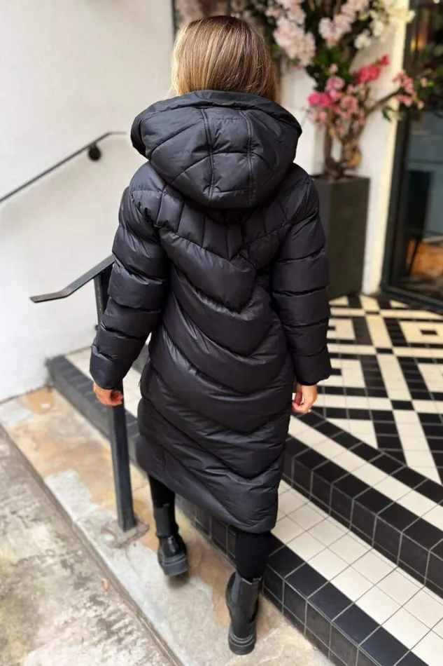 AX Paris Coats 038 Jackets Black Hooded Puffer Coat With Zip Front Pockets