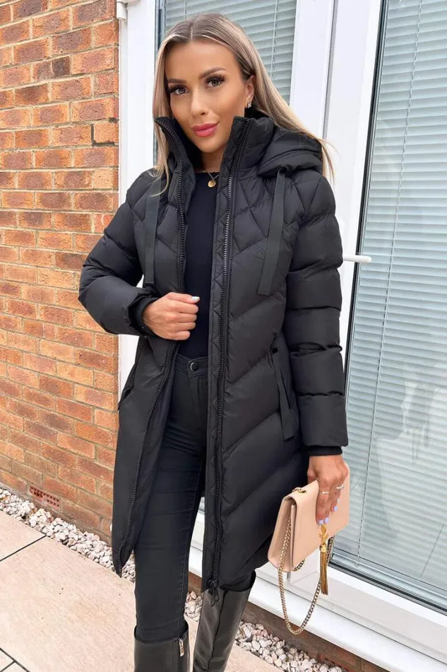 AX Paris Coats 038 Jackets Black LongLine Padded Coat