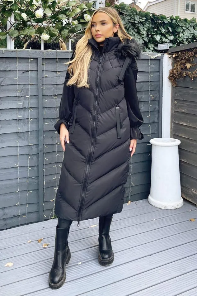 AX Paris Coats 038 Jackets Black Longline Faux Fur Hooded Gilet