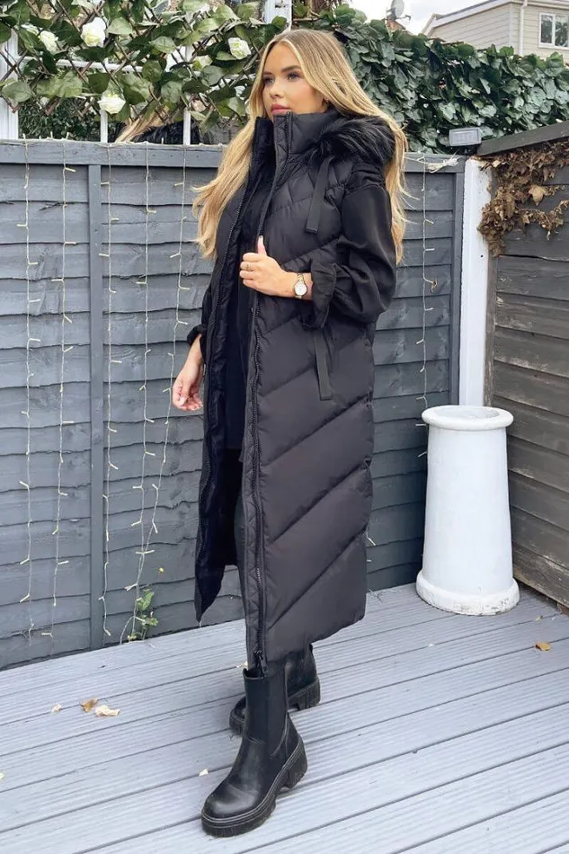 AX Paris Coats 038 Jackets Black Longline Faux Fur Hooded Gilet