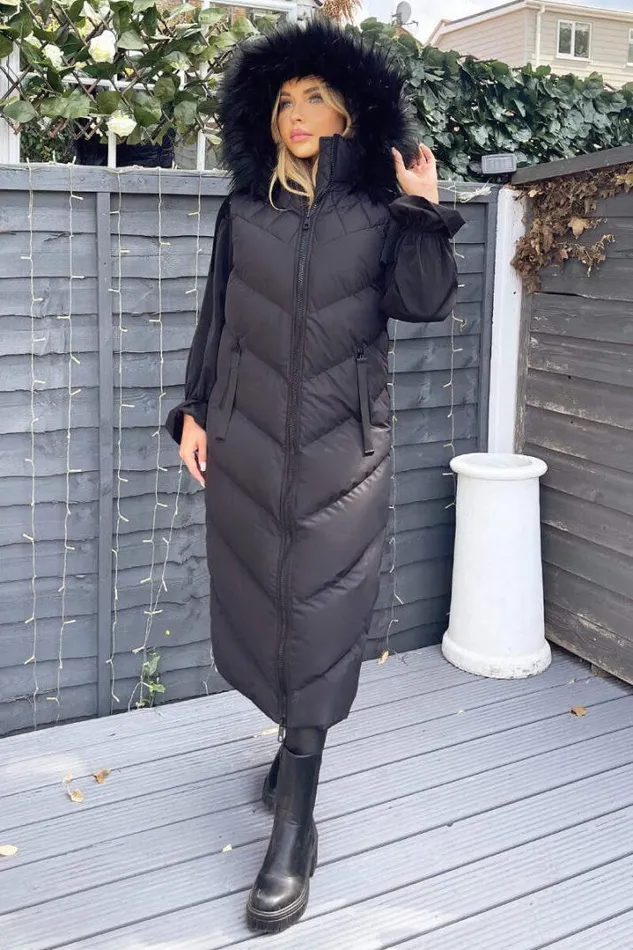 AX Paris Coats 038 Jackets Black Longline Faux Fur Hooded Gilet