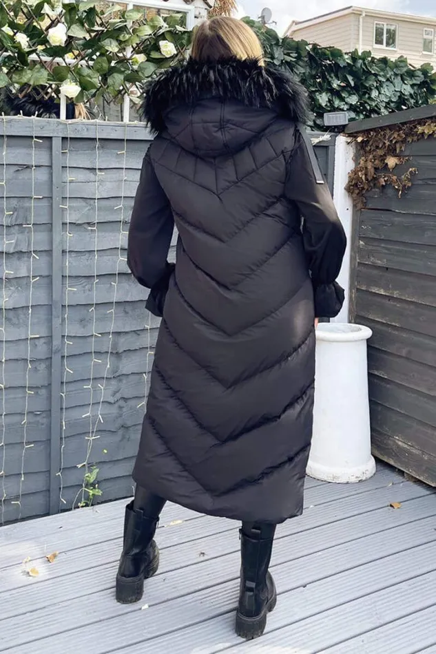 AX Paris Coats 038 Jackets Black Longline Faux Fur Hooded Gilet