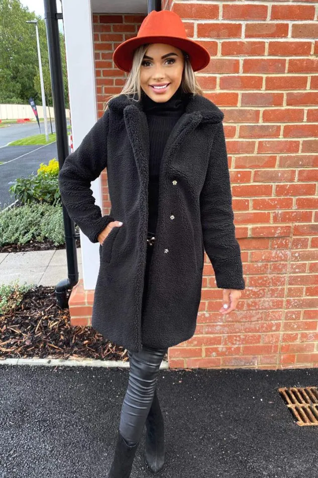 AX Paris Coats 038 Jackets Black Teddy Faux Fur Coat With Collar