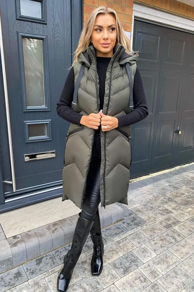 AX Paris Coats 038 Jackets Khaki Hooded Zip Up Gilet