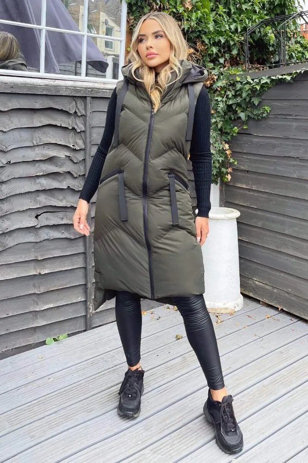 AX Paris Coats 038 Jackets Khaki Hooded Zip Up Gilet