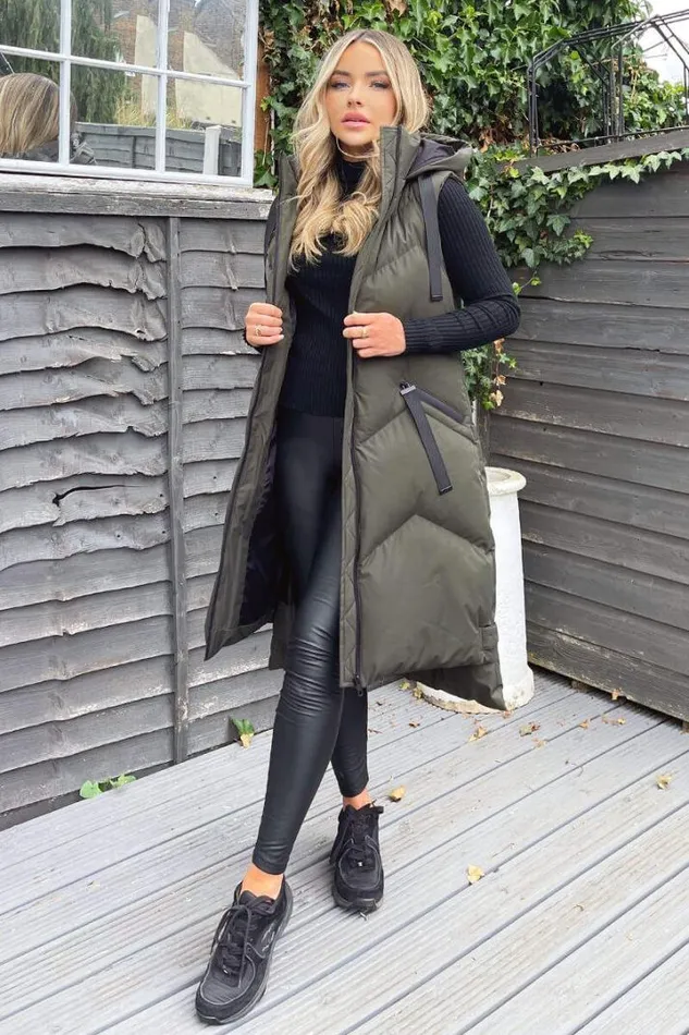 AX Paris Coats 038 Jackets Khaki Hooded Zip Up Gilet