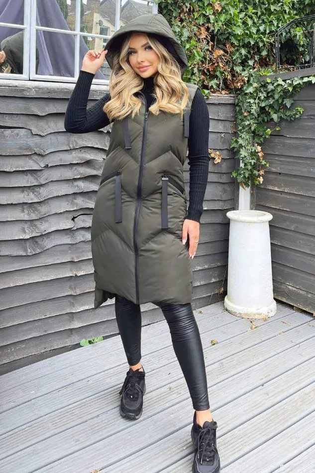 AX Paris Coats 038 Jackets Khaki Hooded Zip Up Gilet