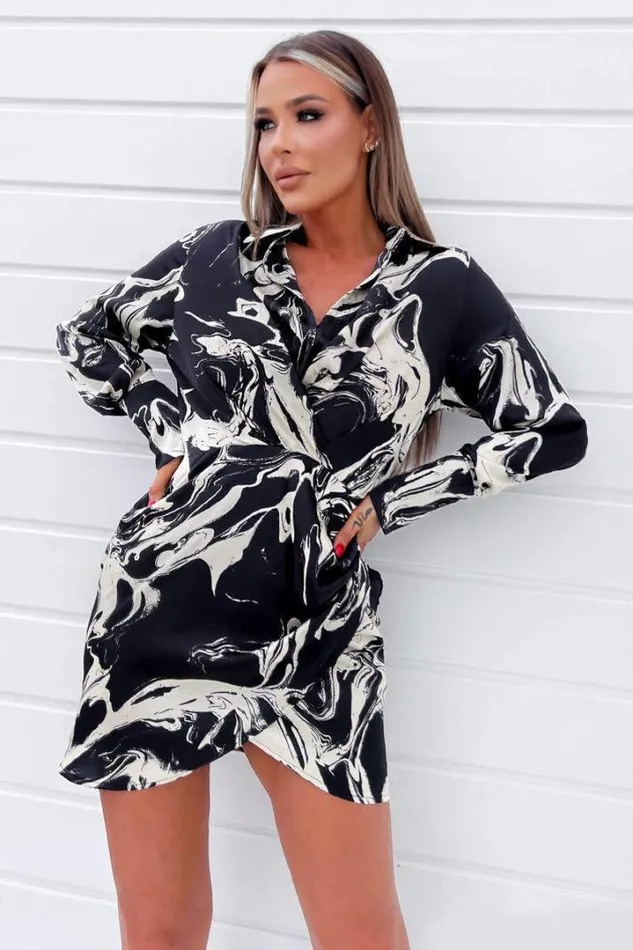 AX Paris Dresses Black And Cream Marble Print Wrap Shirt Mini Dress