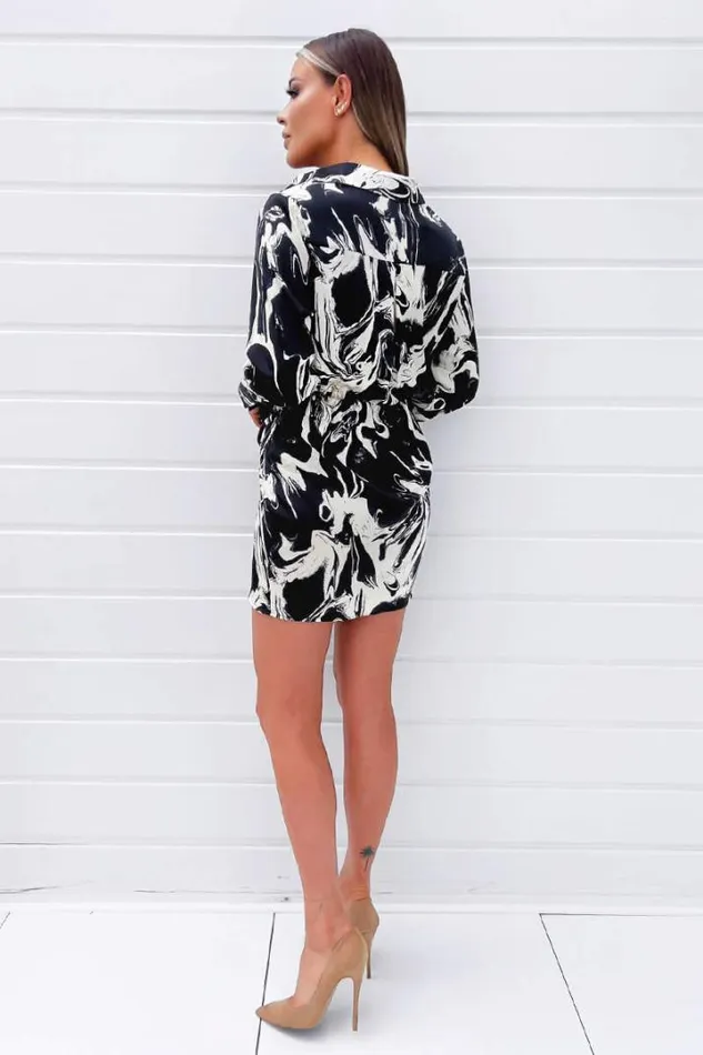 AX Paris Dresses Black And Cream Marble Print Wrap Shirt Mini Dress