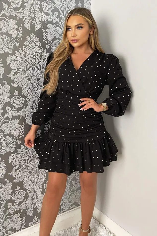 AX Paris Dresses Black And Gold Polka Dot Long Sleeve Frill Hem Mini Dress