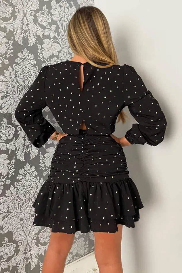 AX Paris Dresses Black And Gold Polka Dot Long Sleeve Frill Hem Mini Dress