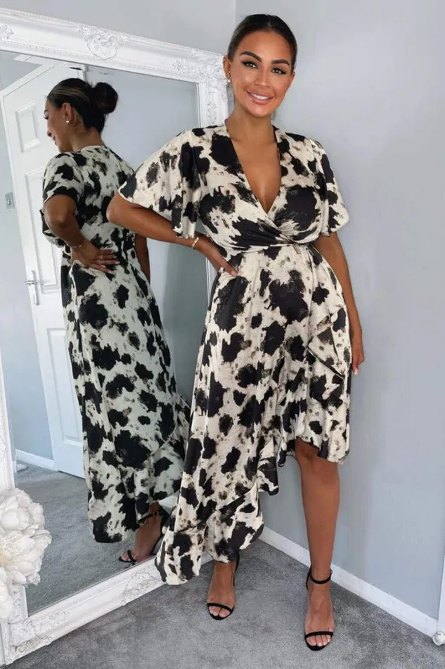 AX Paris Dresses Black And Stone Abstract Print Wrap Midi Dress