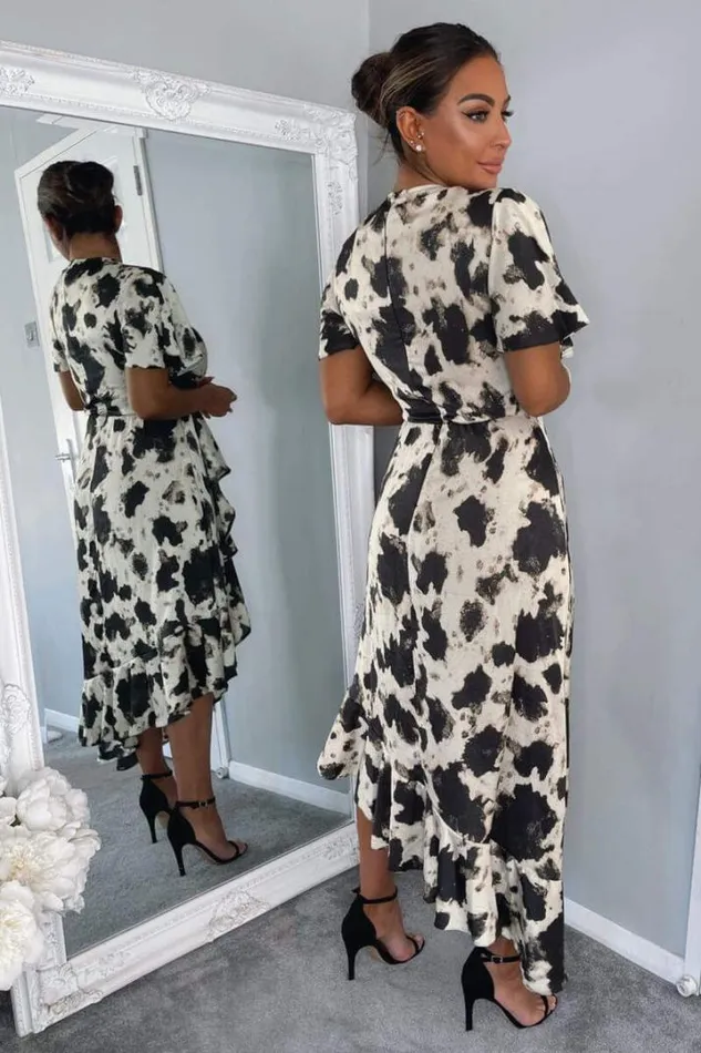 AX Paris Dresses Black And Stone Abstract Print Wrap Midi Dress