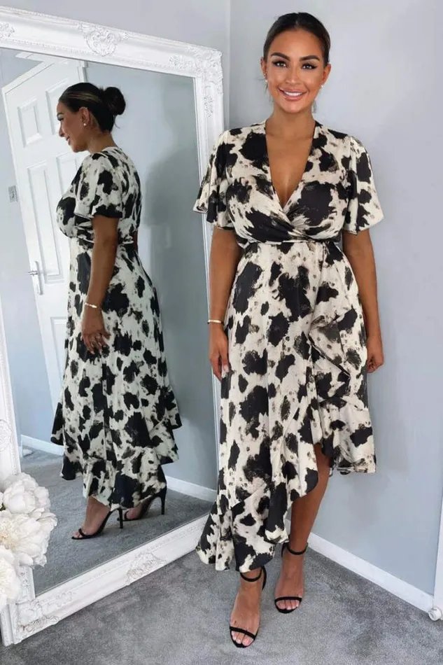 AX Paris Dresses Black And Stone Abstract Print Wrap Midi Dress