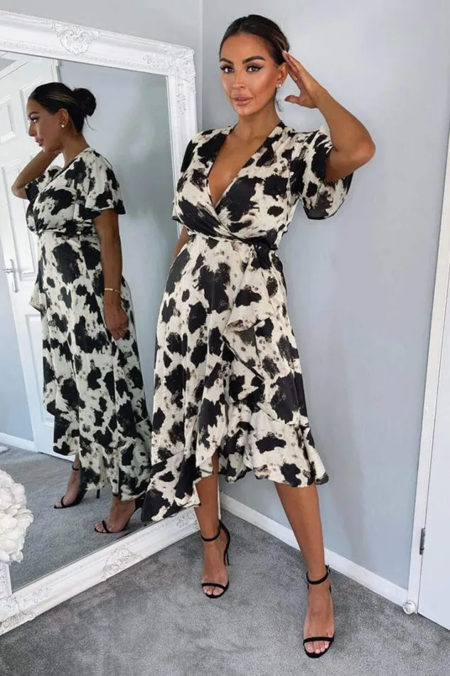 AX Paris Dresses Black And Stone Abstract Print Wrap Midi Dress