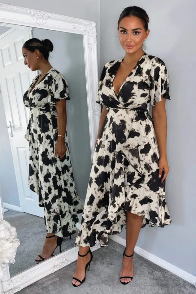 AX Paris Dresses Black And Stone Abstract Print Wrap Midi Dress