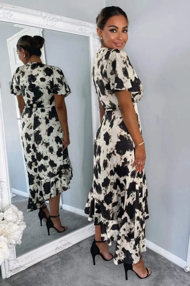 AX Paris Dresses Black And Stone Abstract Print Wrap Midi Dress