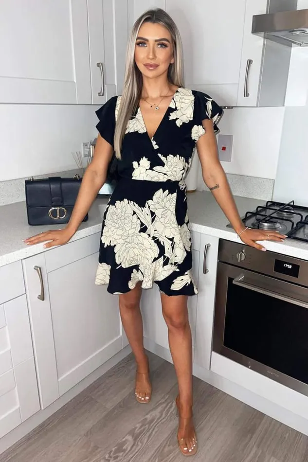 AX Paris Dresses Black And Stone Floral Print Short Sleeve Wrap Dress