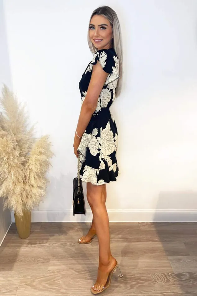 AX Paris Dresses Black And Stone Floral Print Short Sleeve Wrap Dress