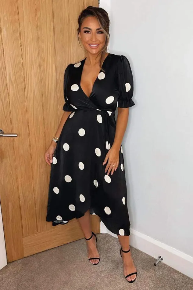 AX Paris Dresses Black And Stone Polka Dot Wrap Side Tie Midi Dress