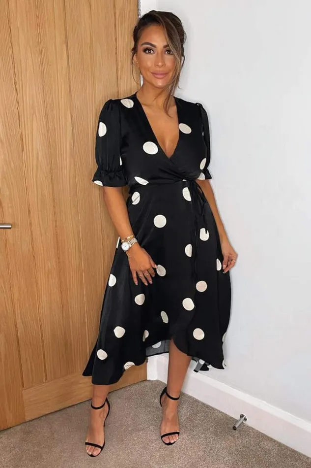 AX Paris Dresses Black And Stone Polka Dot Wrap Side Tie Midi Dress