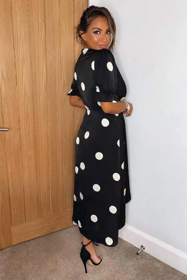 AX Paris Dresses Black And Stone Polka Dot Wrap Side Tie Midi Dress