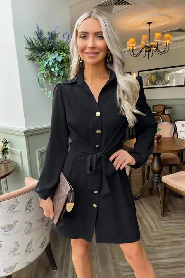 AX Paris Dresses Black Button Tie Front Mini Shirt Dress