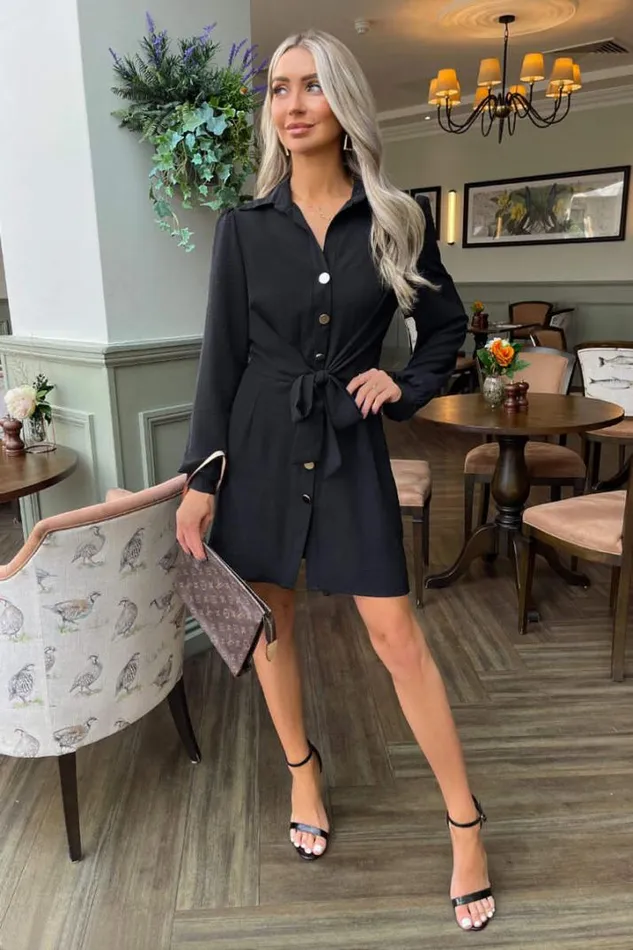 AX Paris Dresses Black Button Tie Front Mini Shirt Dress