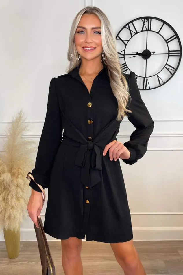 AX Paris Dresses Black Button Tie Front Mini Shirt Dress