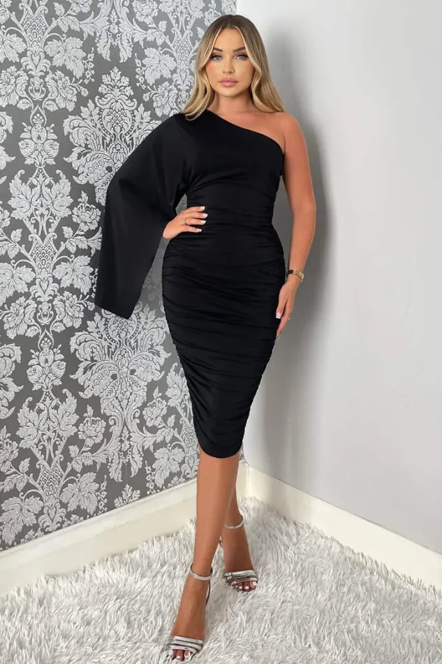 AX Paris Dresses Black Drape Sleeve Bodycon Midi Dress