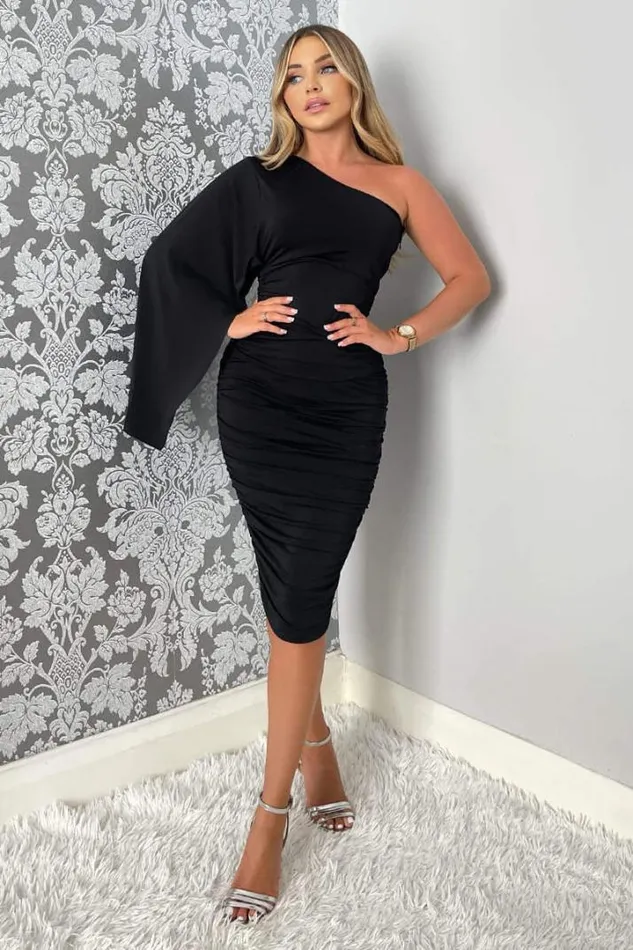 AX Paris Dresses Black Drape Sleeve Bodycon Midi Dress