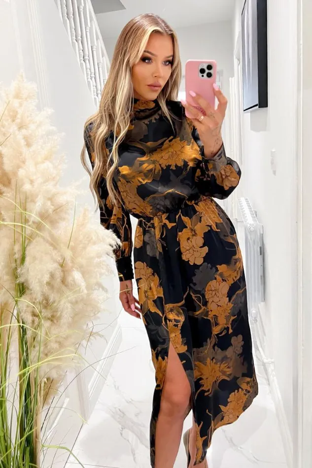 AX Paris Dresses Black Floral Print High Neck Long Sleeve Midi Dress
