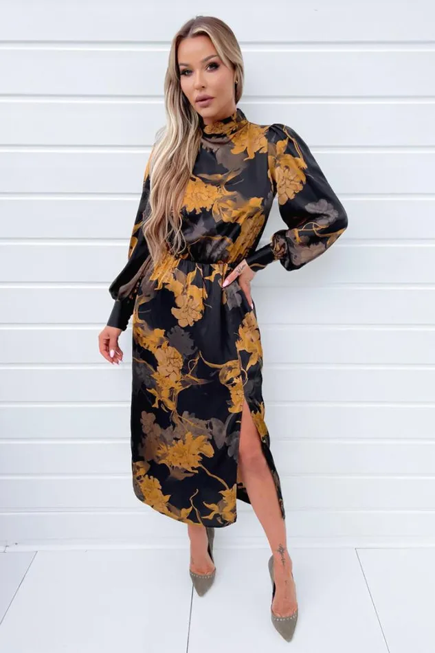 AX Paris Dresses Black Floral Print High Neck Long Sleeve Midi Dress