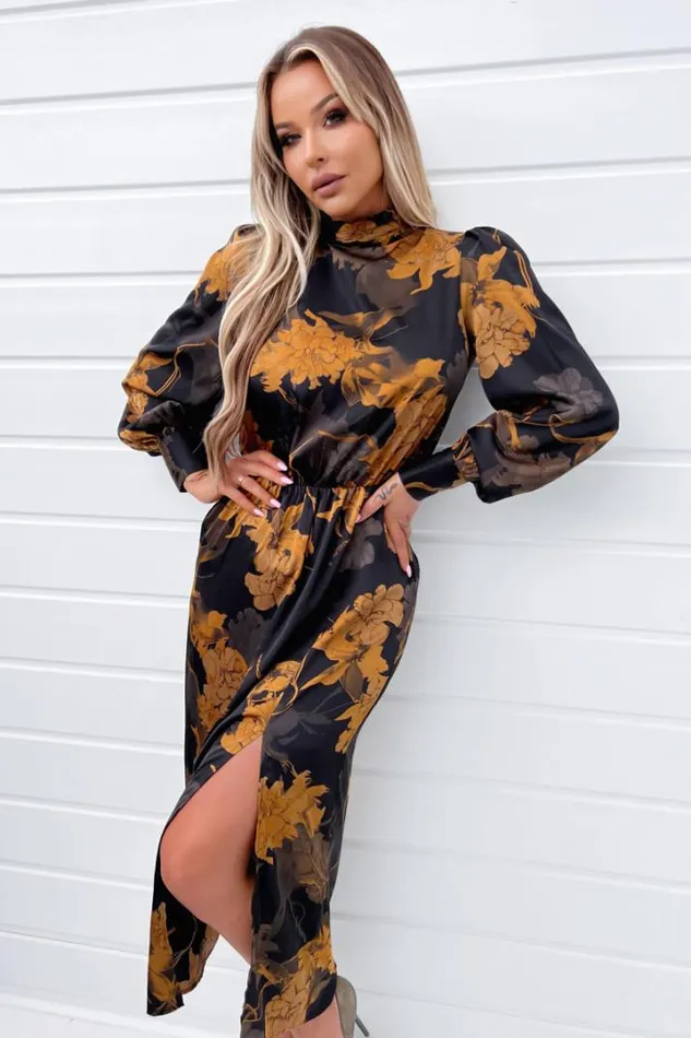 AX Paris Dresses Black Floral Print High Neck Long Sleeve Midi Dress