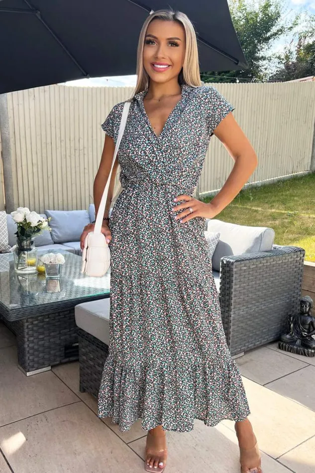 AX Paris Dresses Black Floral Print Short Sleeved VNeck Midi Smock Dress