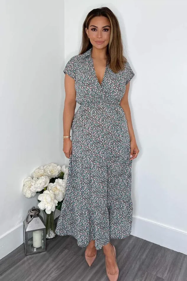 AX Paris Dresses Black Floral Print Short Sleeved VNeck Midi Smock Dress