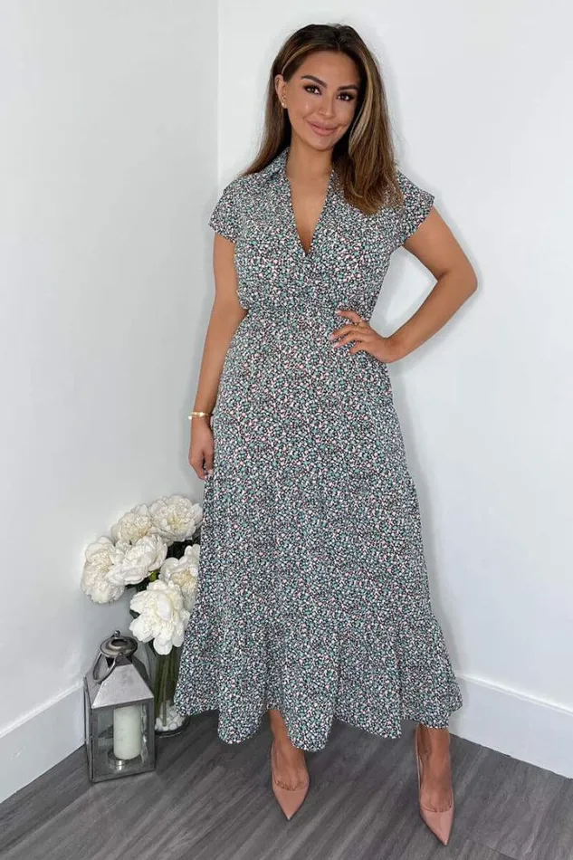 AX Paris Dresses Black Floral Print Short Sleeved VNeck Midi Smock Dress