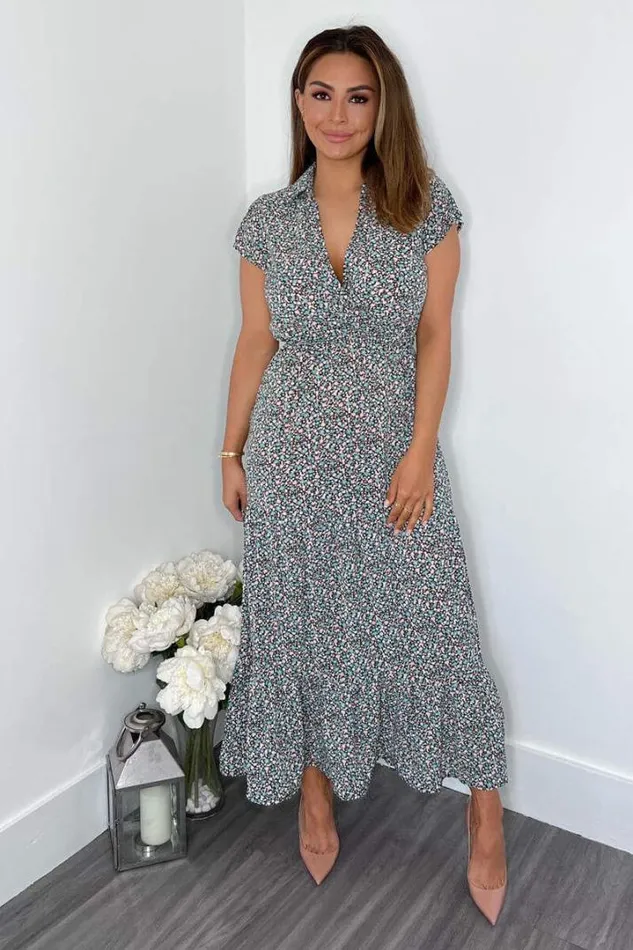 AX Paris Dresses Black Floral Print Short Sleeved VNeck Midi Smock Dress