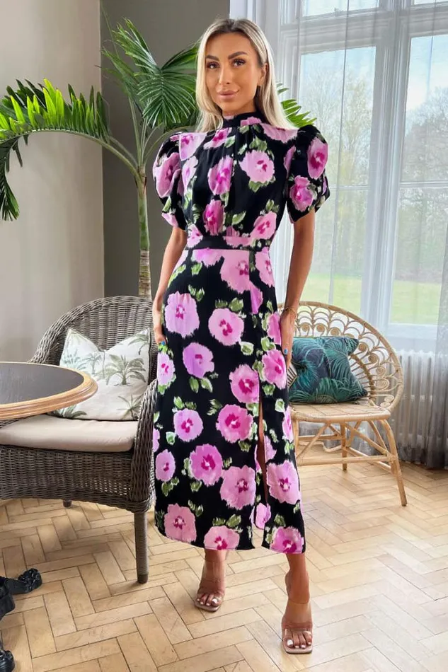 AX Paris Dresses Black Floral Printed Short Puff Sleeve Midi Dress
