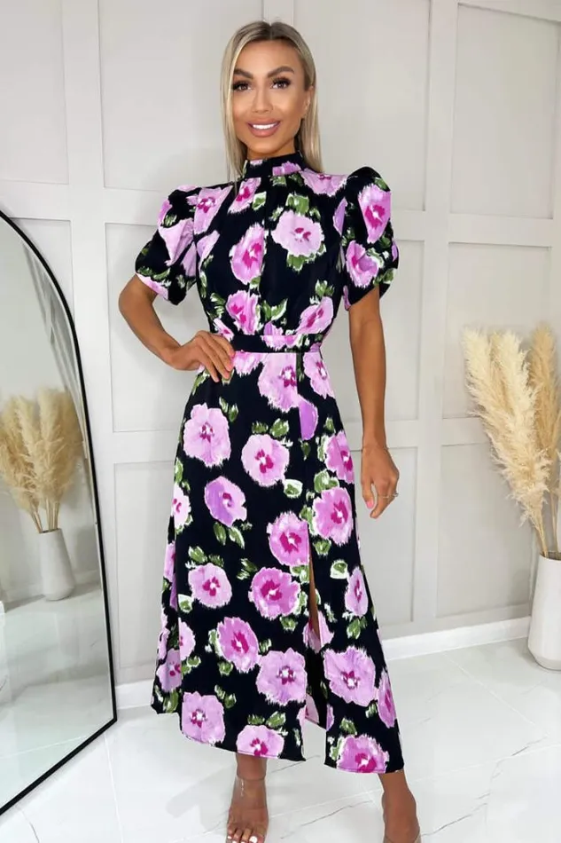 AX Paris Dresses Black Floral Printed Short Puff Sleeve Midi Dress