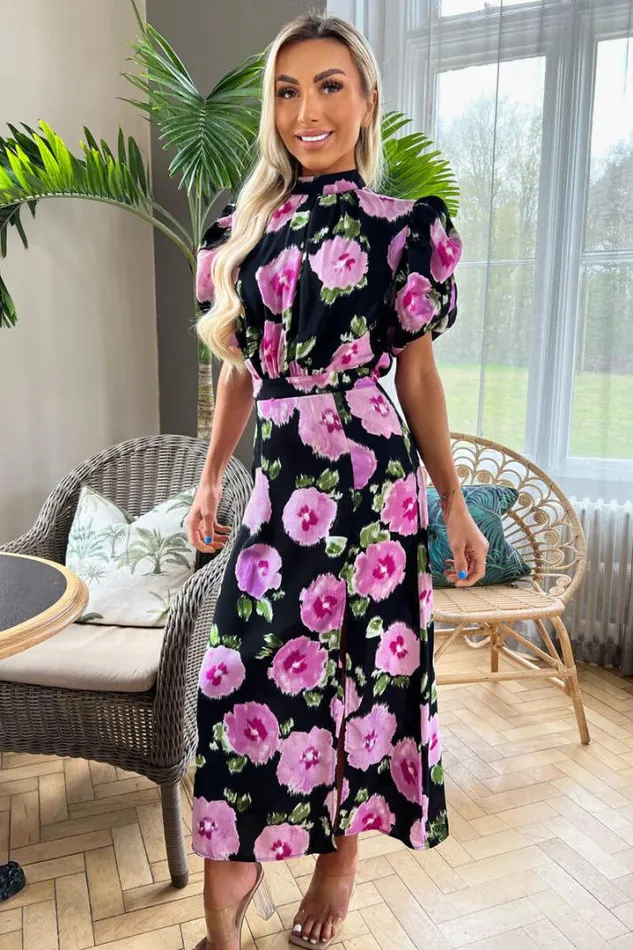 AX Paris Dresses Black Floral Printed Short Puff Sleeve Midi Dress