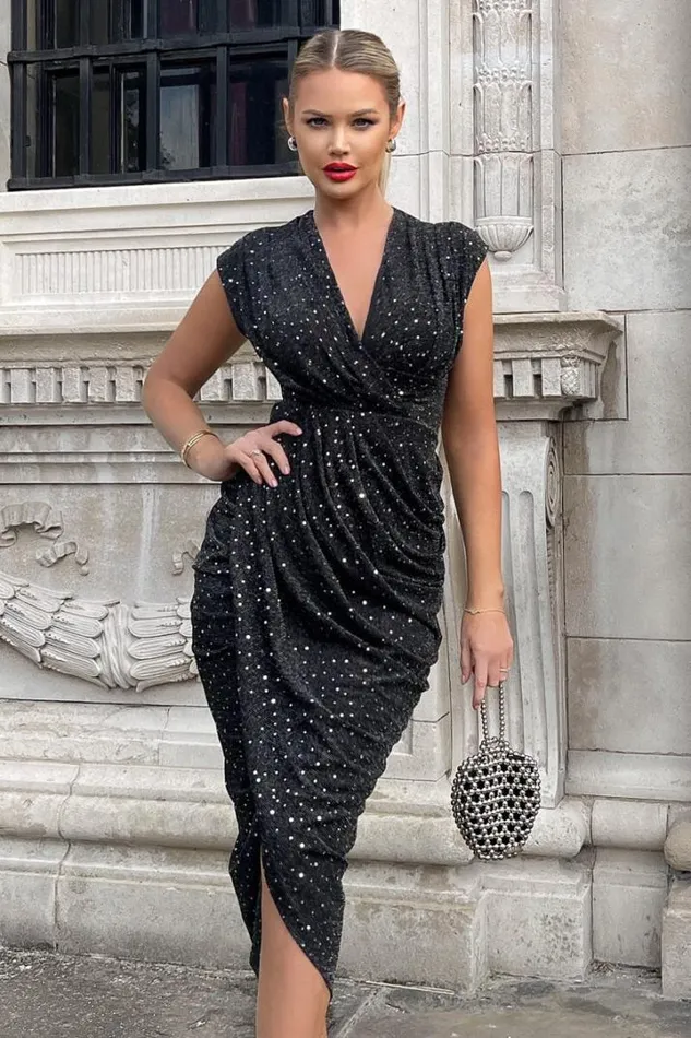 AX Paris Dresses Black Glitter Wrap Draped Midi Dress