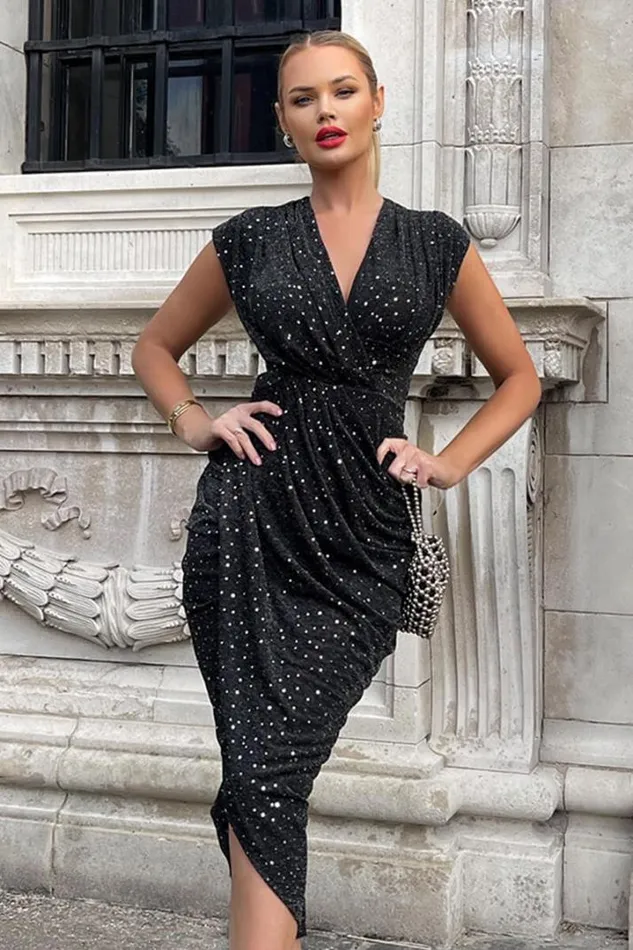 AX Paris Dresses Black Glitter Wrap Draped Midi Dress